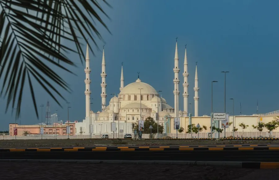 Majestic mosque in Fujairah, UAE with blue sky and palm leaves framing the scene.